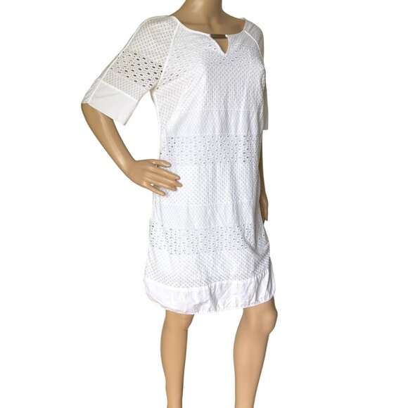 Adrianna Papell White Cotton Eyelet Short Sleeve Shift Dress Size 4 Keyhole Neck - Picture 10 of 14